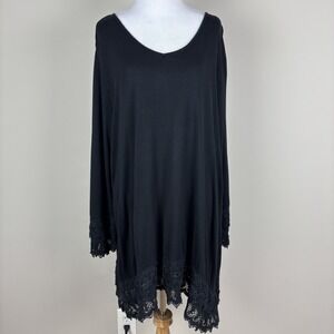 Ulla Popken Tunic Top Womens 16/18 Black Lace Trim 3/4 Sleeve V-Neck A-Line Boho